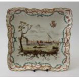 A Lille hand painted porcelain plate of square form, bearing harbour scene with coat of arms, within