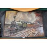 V.Rowe - oil on canvas study of vintage steam train in plain black frame