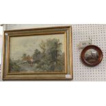 English school oil on canvas of a rural dwelling unsigned together with a framed pot lid