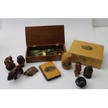A collection of items, includes; a boxed set of 18th century hand scales, items of mauchlin ware, ca