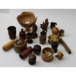 A collection of Treen, includes carved animals, pedestal bowl, dice shaker etc