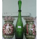 Pair moulded pottery vases 'lotus' decorations and a green display decanter