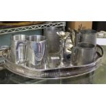 Silver plated tray - pewter trophy tankards and some HM silver items