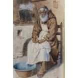 Eduard Vitali (late 19th century Italian) "Monastic Kitchen duties" (monk peeling potatoes) watercol