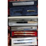 Small selection jewellery including silver chain and a selection of cased pens