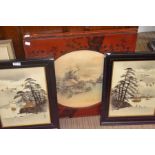 A pair of Oriental lacquer framed landscapes together with two other similar