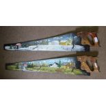 Two hand painted Amish saws, both with a farm landscape, one in winter and one in summer, both signe