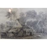 19th Century English vernacular pencil study of children before a woodland cottage, in the manner of