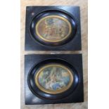 A pair of 19th century miniature oils on board oval mounted in ebonised frames