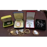 Two 9ct gold brooch framed Cameos, two silver crosses on chains and other costume jewellery