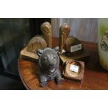 A Black Forest carved wood bear inkwell, a Black Forest folding pocket watch holder with Edelweiss d