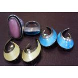 Hans Myhre, two pairs of Norwegian sterling silver and enamel clip earrings, one pair blue, the othe