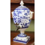 A blue and white porcelain model of a tea urn