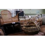 A small 19th century Bergere chair with a useful selection of wicker baskets