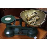 A set of "Salter" kitchen scales with brass weights