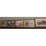Three landscape watercolours together with two watercolours of timbered dwellings and two landscapes