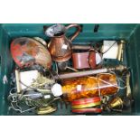 A crate containing two column metal table lamps and sundry metal wares - crate to be returned