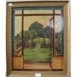 T R Williams - An original oil on board view from patio doors, framed