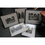 Four views of old Birmingham etchings by James Priddy all signed and titled