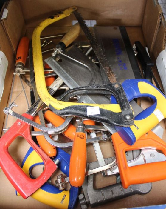 A tray of hand tools, the majority saws etc