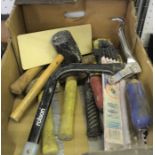A tray of builders hand tools hammers etc