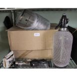 A box containing new & unused wine coolers, two modern corkscrews & a rechargeable soda syphon (with