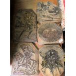 Five hand made printing blocks to include a Royal Coat of Arms