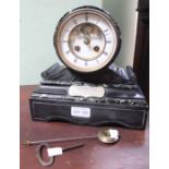 Victorian slate and marble mantel clock - with pendulum & key