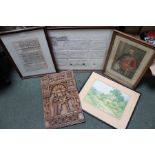 An Indenture with prints and a carving etc
