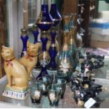 A liquor set, repro Staffordshire cats and a model jazz band