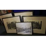 Four views of old Birmingham etchings by James Priddy all signed and titled