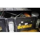 A heavy duty Dewalt tool box containing angle grinder, electric drill etc