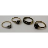 Four ladies stone set dress rings, includes diamonds, two marked 9ct (4)