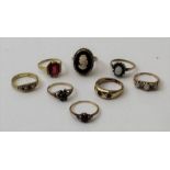 A collection of eight gold stone set ladies dress rings, five being 9ct, three being 15ct, gross wei