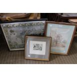 A framed facsimile world map with two other pictures