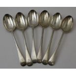 Six matched silver soup/serving spoons, includes three by Josiah Williams and Co, London 1902, all m