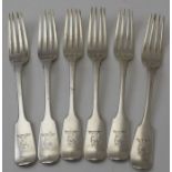 Charles Eley, a set of six silver fiddle pattern Dinner forks, London 1827, engraved crests, 432g