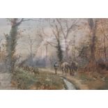 M Parker, Country scene, figure and horses on a lane, watercolour painting, framed and glazed