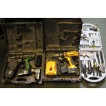 DeWalt battery drill XR2 in carry case plus cased Hitachi battery drill, with a cased set of tools