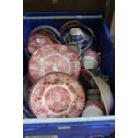 A crate containing blue and white, red and white, green and white china - crate to be returned