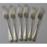 Six matched silver Dinner forks, includes five by Josiah Williams and Co, London 1902, all monograme