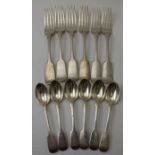 Chawner and Co, a set of six fiddle pattern silver teaspoons, London 1867, monogramed, 148g, togethe
