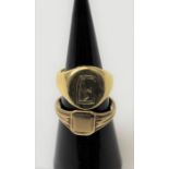 An 18ct gold signet ring, monogrammed "E", 8.8g, together with a 9ct gold signet ring, 2.9g