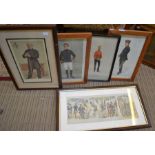 Four gentleman's caricatures, a Punch penny farthing print & an engraved brass plaque depicting ship
