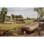 R Bartlett 1980, oil on canvas painting, Barge workers (in the manner of Constable), framed