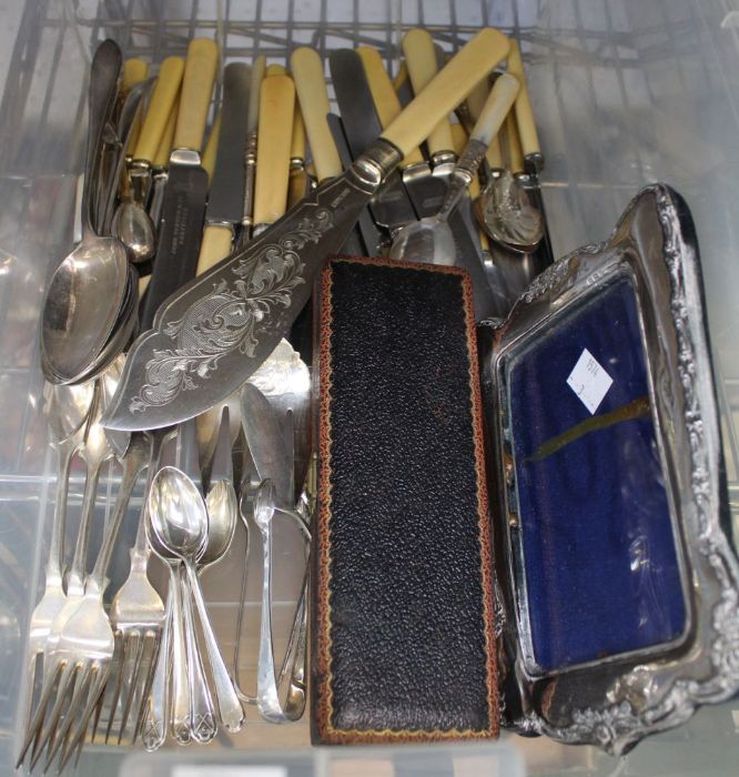 Box of table cutlery to include HM silver items