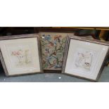 An oak framed woolwork tapestry panel and a pair of framed floral prints