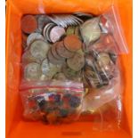 A box containing over 100 crowns, a bag of Foreign coins a bag of uncirculated 3ds, and a crown date