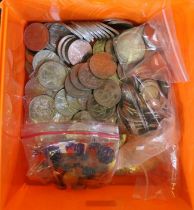A box containing over 100 crowns, a bag of Foreign coins a bag of uncirculated 3ds, and a crown date