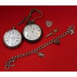 Two silver ladies pocket watches and a charm bracelet